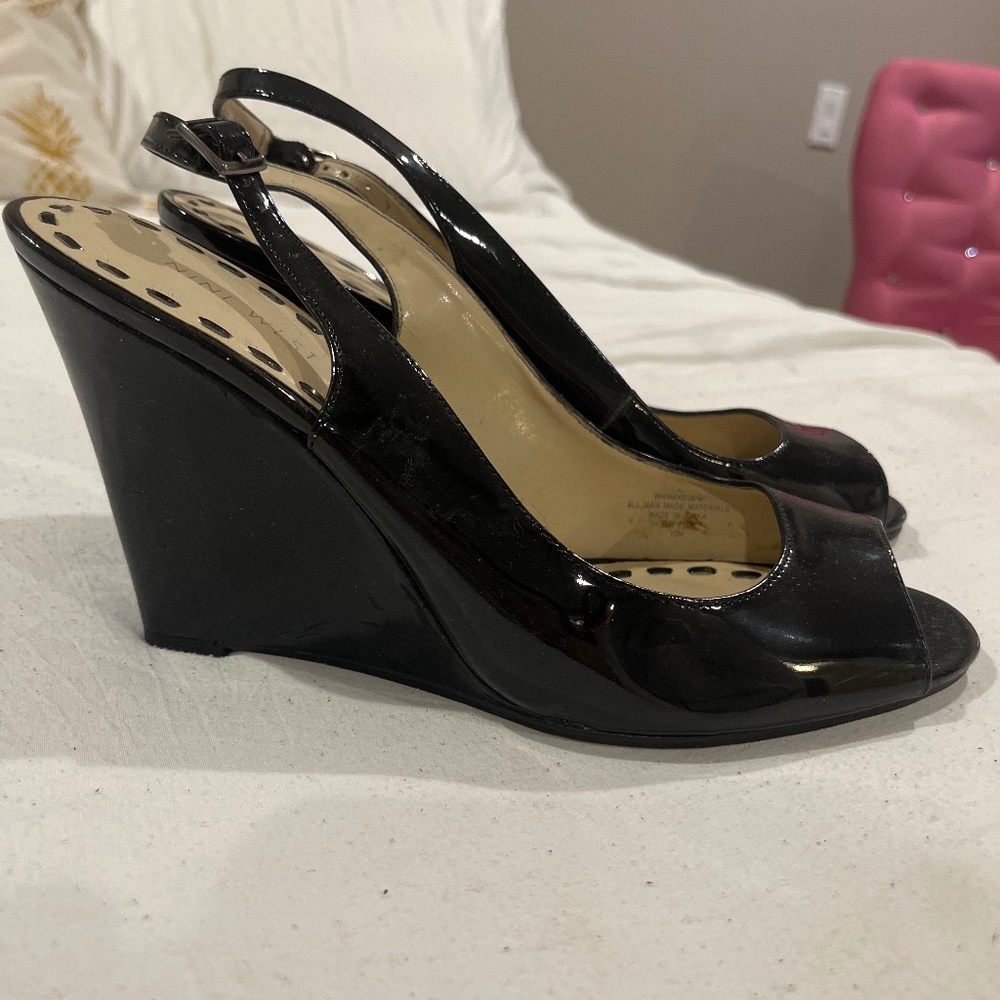 Nine West patent peep toe wedge sandals